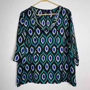 Jones New York Signature Peacock Feathers Womens Blouse Sz Large Slash Neckline